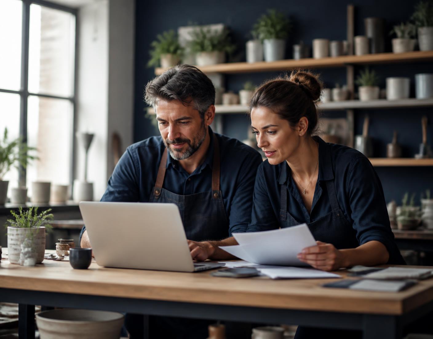Two small business owners reviewing finances in their workshop